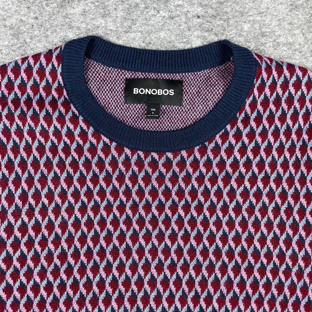 Bonobos Sweater Mens S Blue Wool Blend Slim Fit Geometric Diamond Crewneck